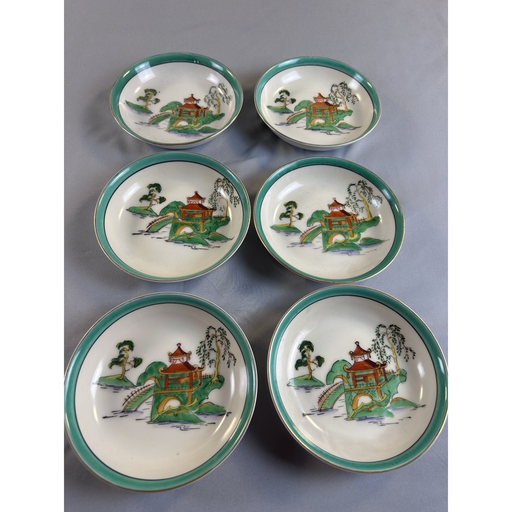 Noritake M Hand Painted Japan Berry Bowls Set 6 Pagoda Landscape Green Rim